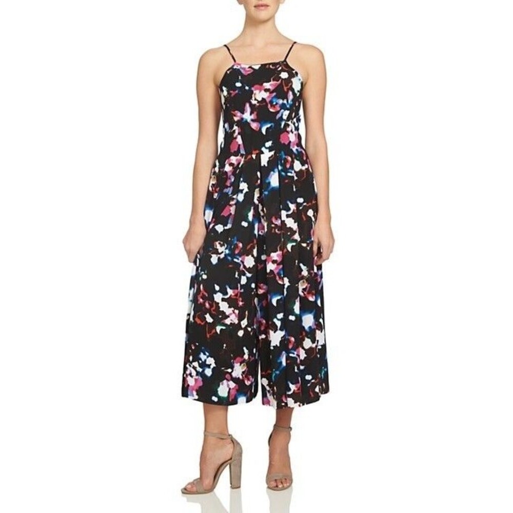 1.STATE Abstract Floral Pleated Wide Leg Jumpsuit Rich Black 0
